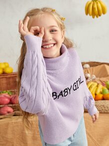 SHEIN Girls Rolled Neck Letter Embroidered Cable Knit Sleeve Sweater - Lilac Purple - View 4