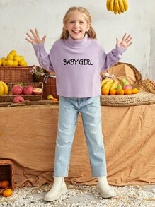 SHEIN Girls Rolled Neck Letter Embroidered Cable Knit Sleeve Sweater - Lilac Purple - View 5