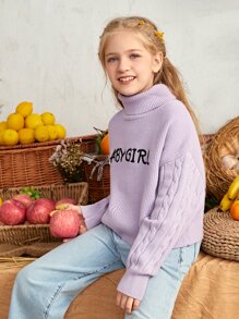 SHEIN Girls Rolled Neck Letter Embroidered Cable Knit Sleeve Sweater - Lilac Purple - View 6