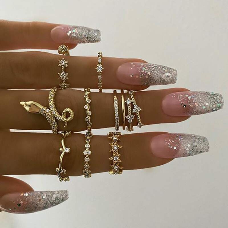 

9pcs Snake & Rhinestone Design Ring, Gold