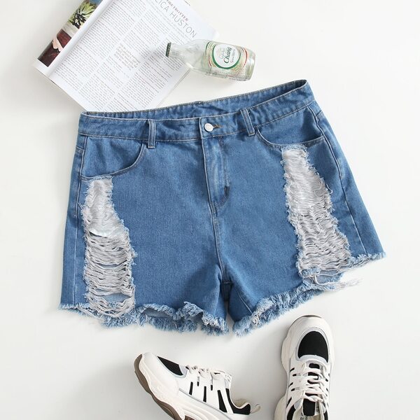 

Plus Raw Hem Ripped Denim Shorts, Medium wash