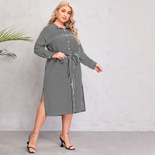 

Plus Striped Belted Split Thigh Shirt Dress, Black and white