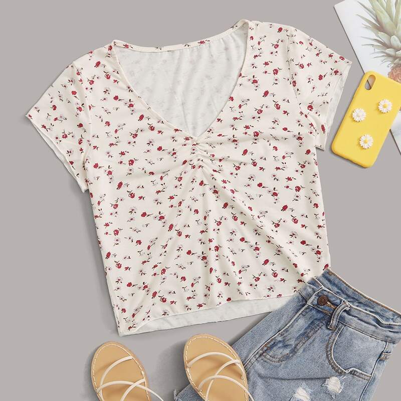 

Ditsy Flower Ruched Tee, Multicolor