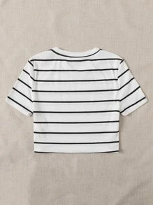 SHEIN EZwear 條紋羅紋針織T恤 - 白色 - 查看 2