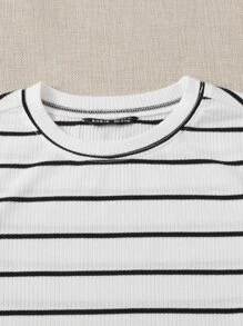 SHEIN EZwear 條紋羅紋針織T恤 - 白色 - 查看 4