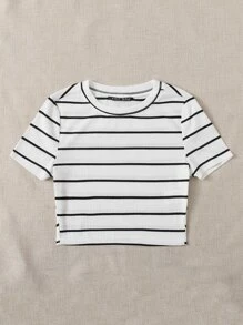 SHEIN EZwear 條紋羅紋針織T恤 - 白色 - 查看 3