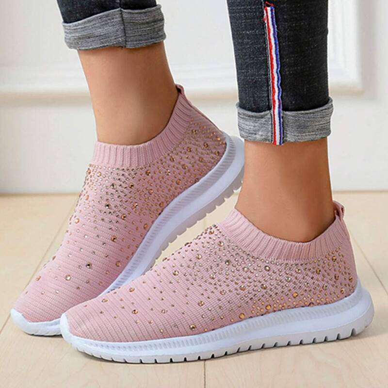 

Rhinestone Slip On Knit Sneakers, Pink