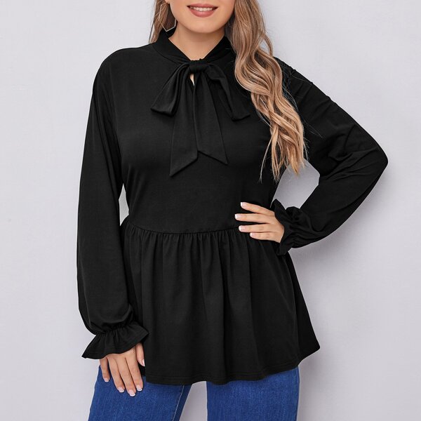 

Plus Tie Neck Flounce Sleeve Peplum Blouse, Black