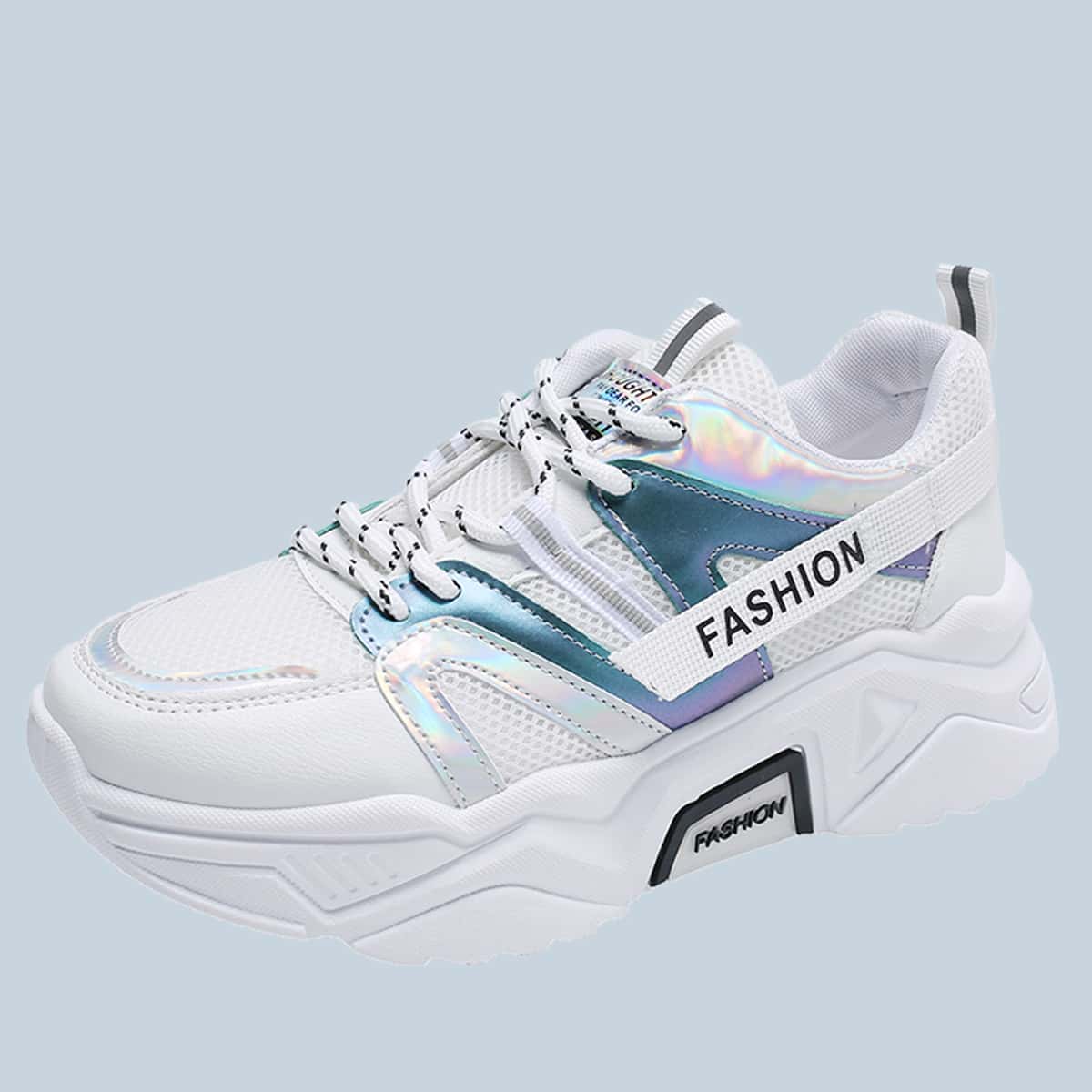 

Holographic Lace-up Chunky Sneakers, White