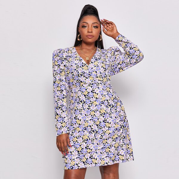 

Plus Allover Floral Print Surplice Neck Puff Sleeve Dress, Multicolor