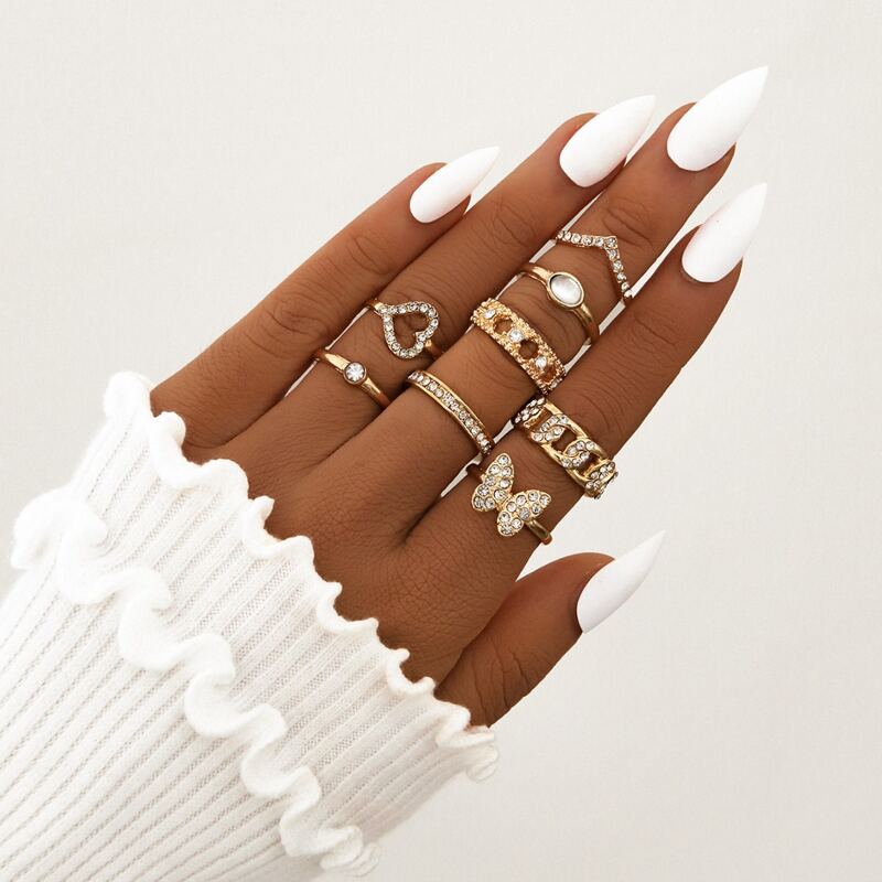 

8pcs Rhinestone Butterfly & Heart Ring, Gold