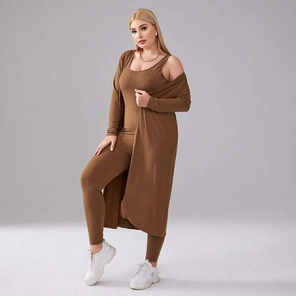 

Plus Solid Tank Unitard Jumpsuit With Coat, Brown