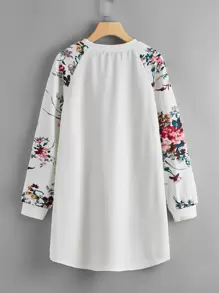 SHEIN LUNE Floral Print Raglan Sleeve Curved Hem Tee Dress - White - View 2