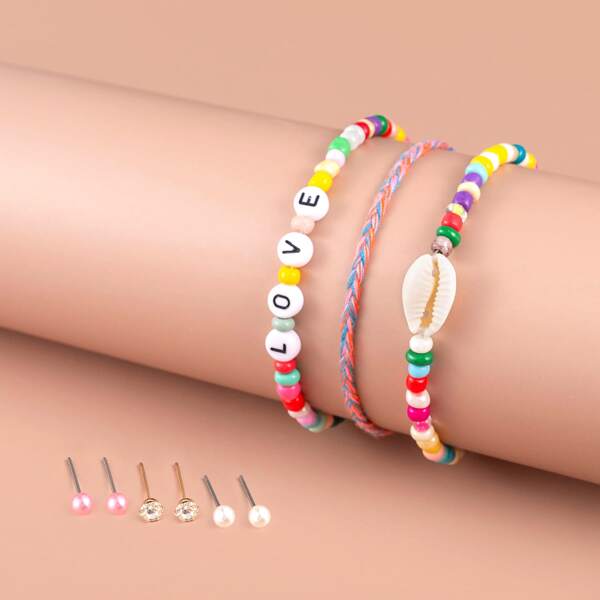 

3pcs Girls Shell Decor Bracelet & 3pairs Stud Earrings, Multicolor