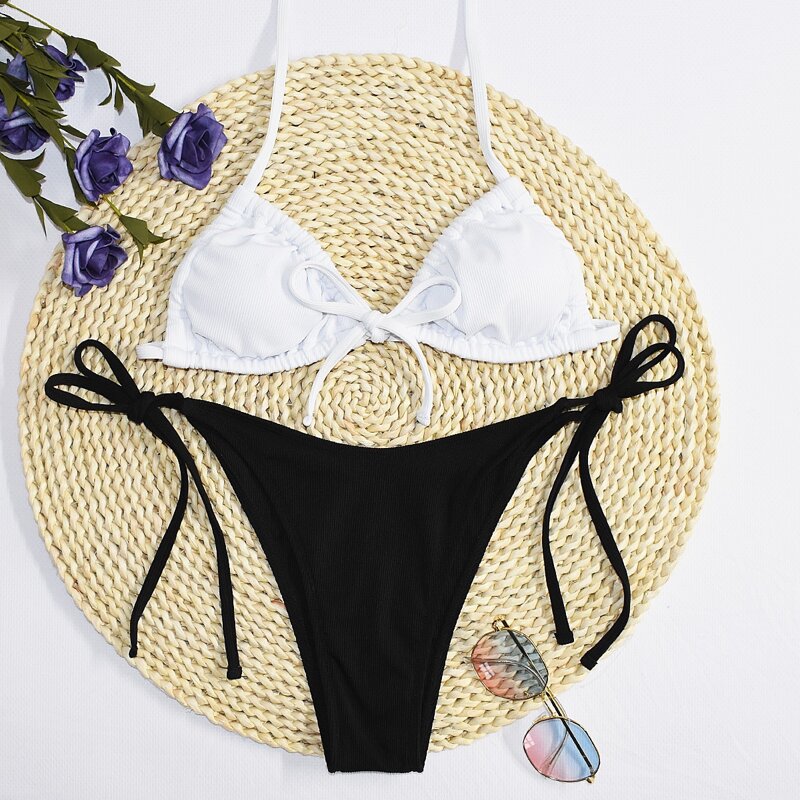 

Two Tone Drawstring Bikini Swimsuit, Black and white