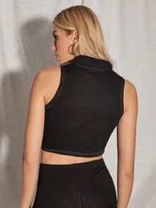 Zip Half Placket Stitch Trim Tank Top - Black - View 2