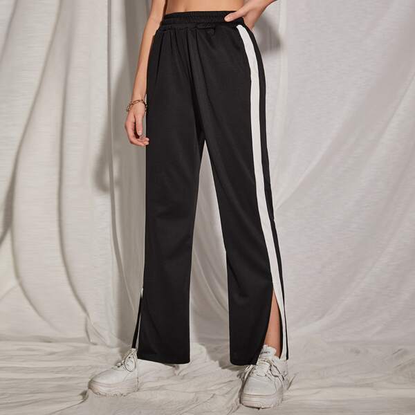 

Slit Hem Contrast Side Seam Pants, Black