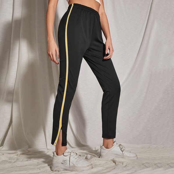 

Slit Hem Striped Side Pants, Black