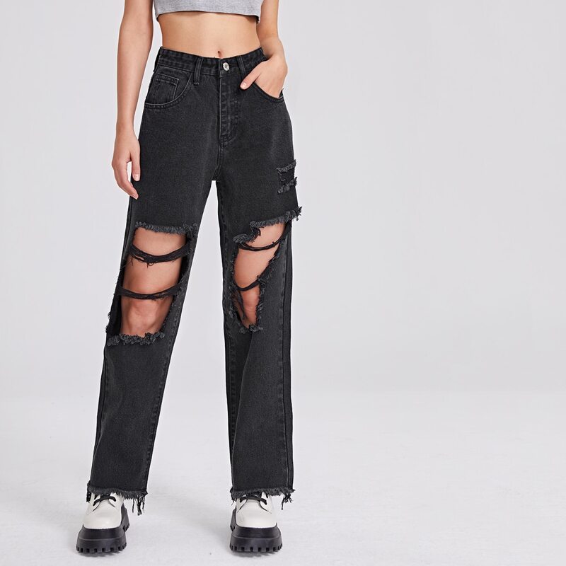 

Cut Out Raw Hem Straight Leg Jeans, Black