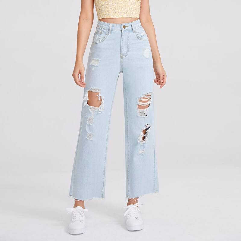 

Cut Out Ripped Straight Leg Jeans, Light wash