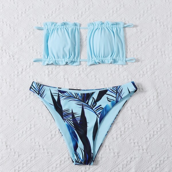 

Tropical Frill Bandeau Bikini Swimsuit, Blue