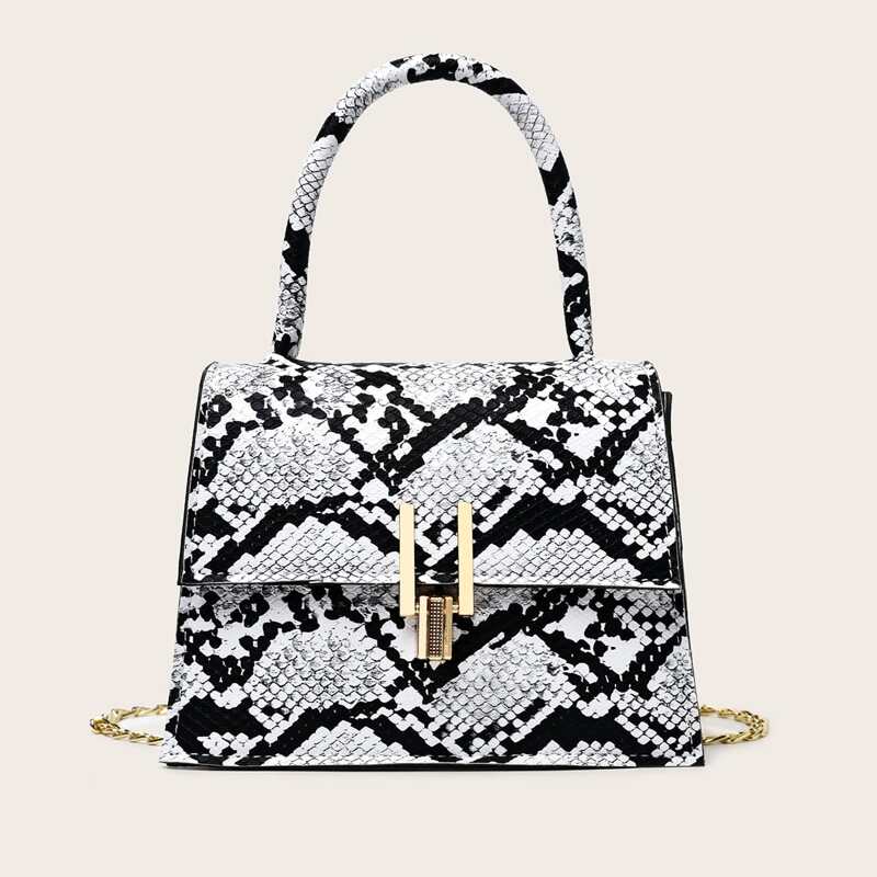 

Snakeskin Chain Satchel Bag, Grey