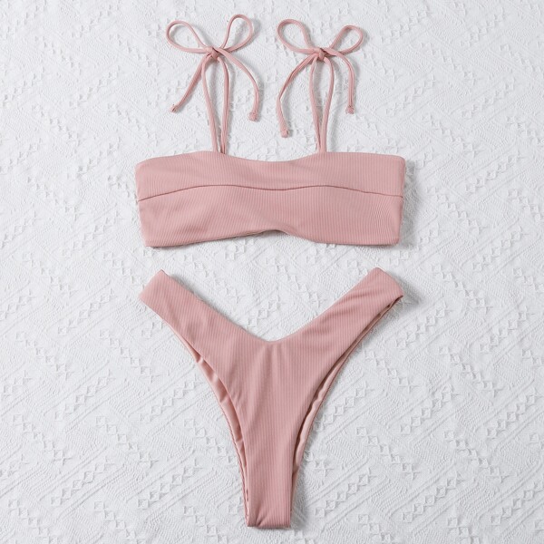 

Ribbed Tie Shoulder Bikini Swimsuit, Dusty pink