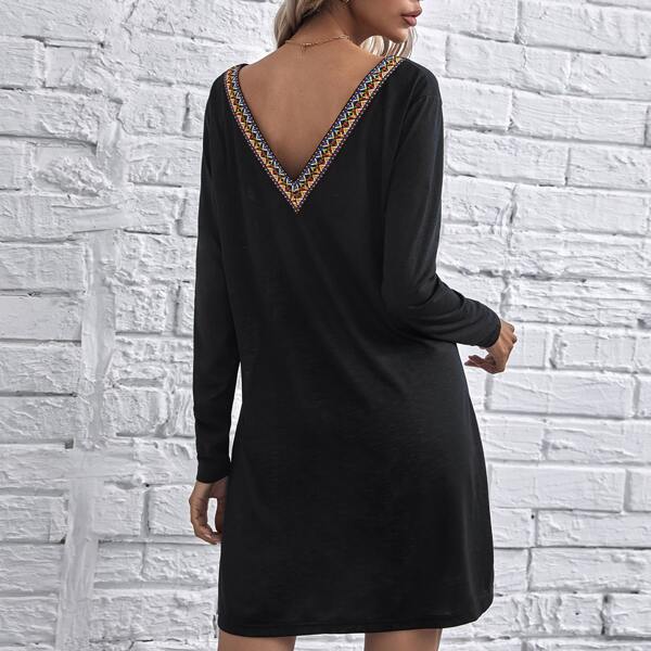 

Double V Neck Geo Tape Tee Dress, Black