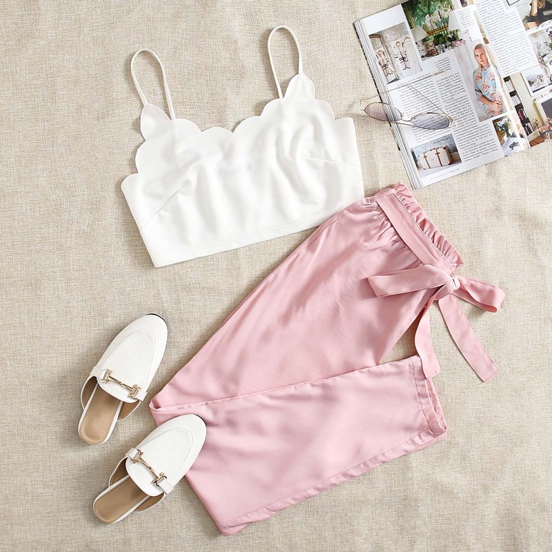 

Scallop Trim Crop Cami Top & Belted Pants, Multicolor