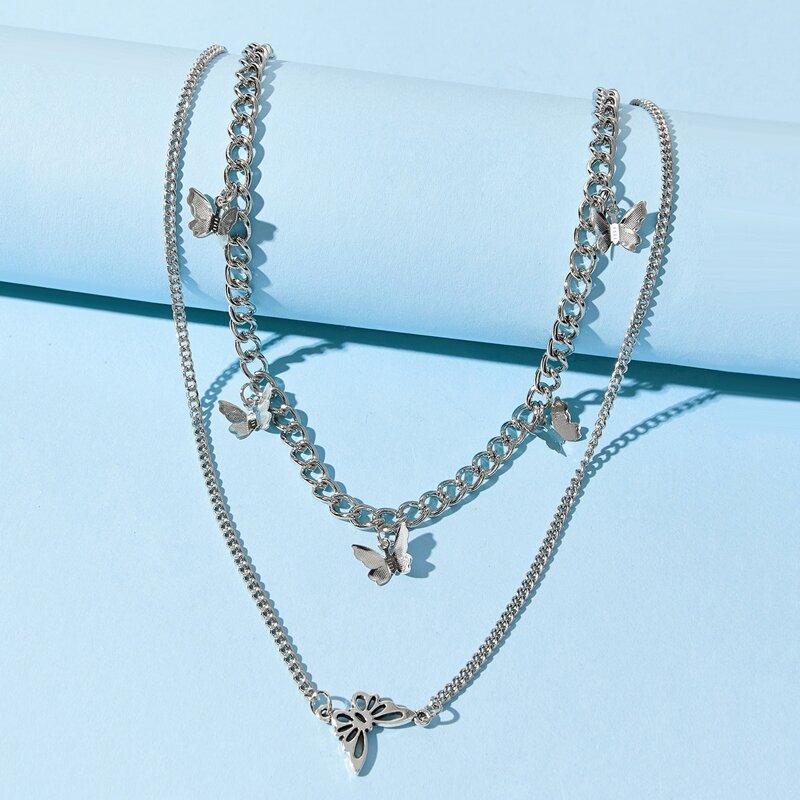 

Butterfly Layered Chain Necklace, Silver