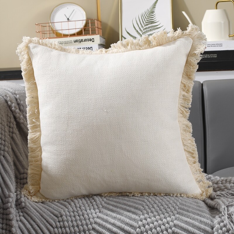 

Contrast Tassel Trim Cushion Cover Without Filler, Beige