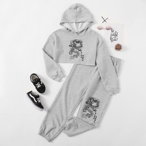 

Girls Drop Shoulder Chinese Dragon Print Crop Hoodie & Joggers Set, Light grey