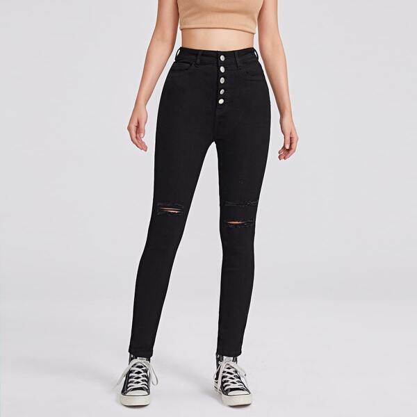 

Button Fly Ripped Skinny Jeans, Black