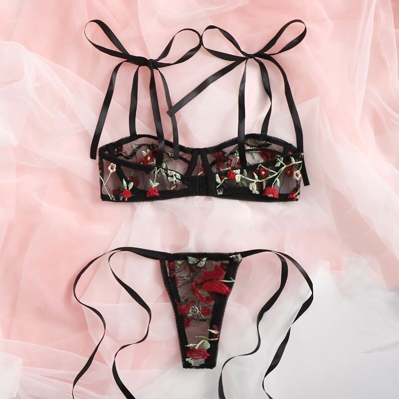 

Floral Embroidery Tie Shoulder Lingerie Set, Black