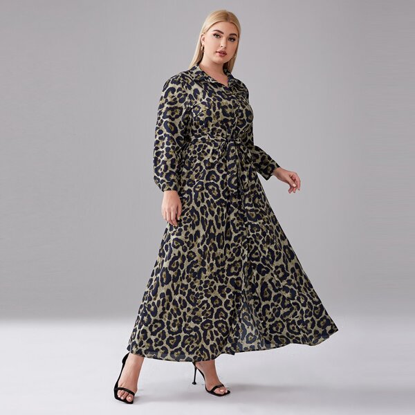 

Plus Leopard Print Belted Dress, Multicolor