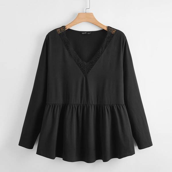

Plus Contrast Lace V-neck Babydoll Tee, Black