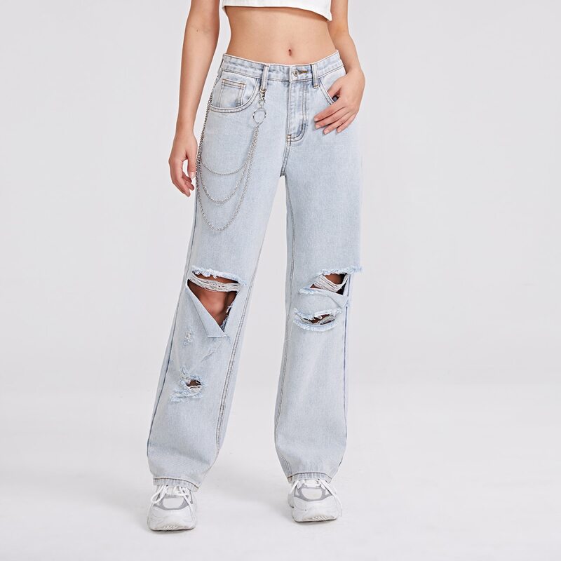 

Ripped Chain Decoration Washed Jeans, Light wash