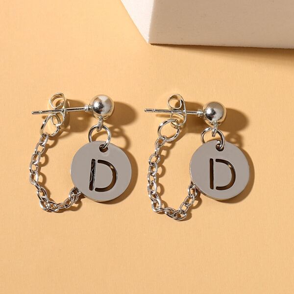 

Letter Design Round Charm Earrings, Silver