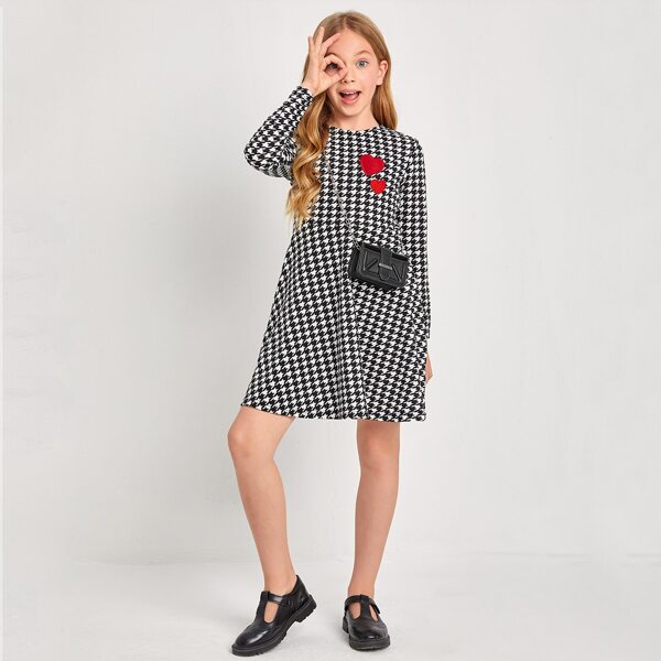 

Girls Heart Patched Houndstooth Print Dress, Black and white