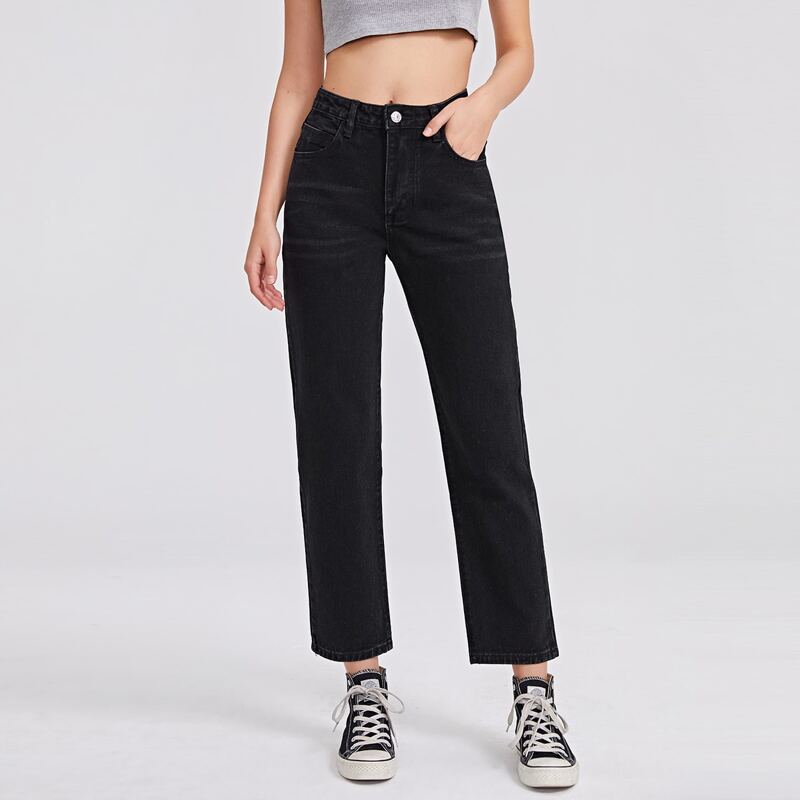 

Solid Straight Leg Jeans, Black