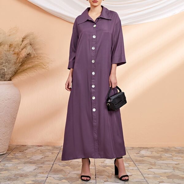 

Solid Button Front Shirt Dress, Purple