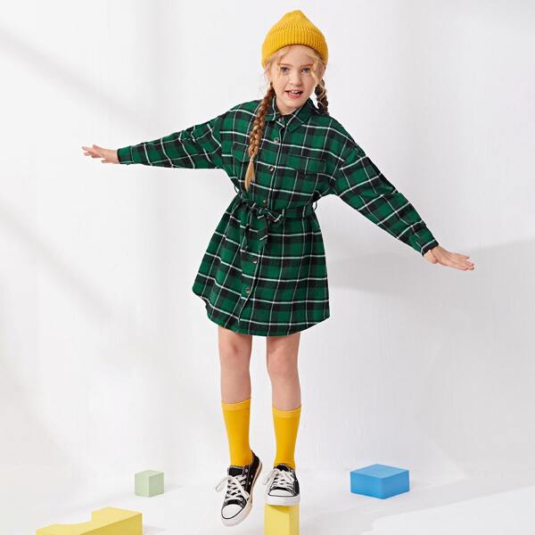 

Girls Drop Shoulder Belted Plaid Shirt Dress, Green