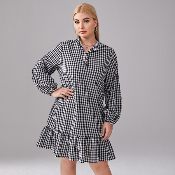 

Plus Lantern Sleeve Ruffle Hem Half Button Placket Gingham Dress, Black and white