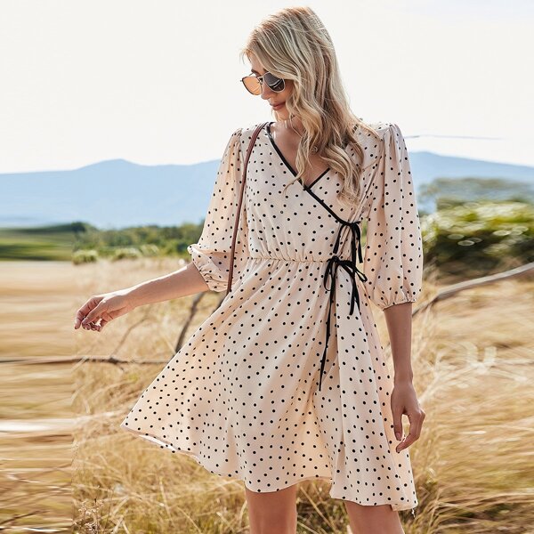 

Polka Dot Contrast Binding Tie Front Dress, Apricot