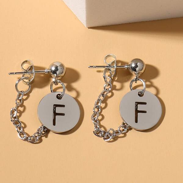 

Letter Design Round Charm Earrings, Silver