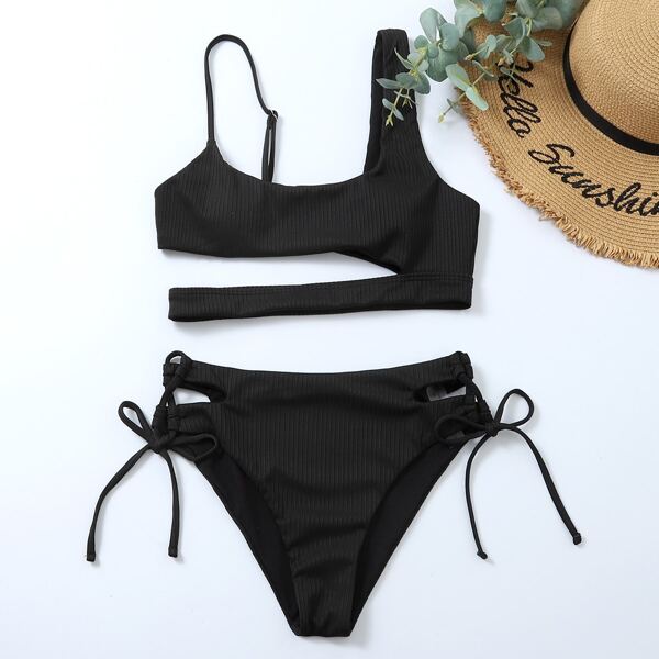 

Rib Cut-out Tie Side Bikini Swimsuit, Black