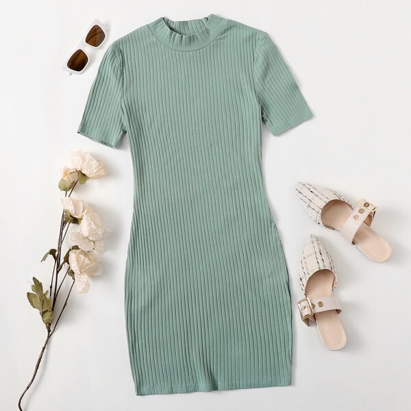 

Solid Rib-knit Bodycon Dress, Mint green