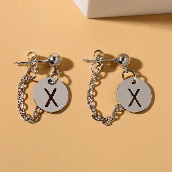 

Letter Design Round Charm Earrings, Silver