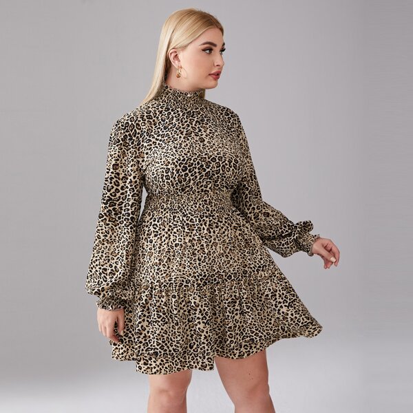

Plus Shirred Neck Lantern Sleeve Flounce Hem Leopard Dress, Multicolor