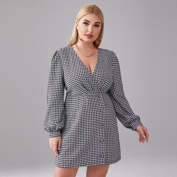 

Plus Surplice Neck Lantern Sleeve Houndstooth Print Dress, Black and white
